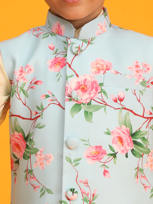 Boy's Aqua Blue Floral Printed Nehru Jacket